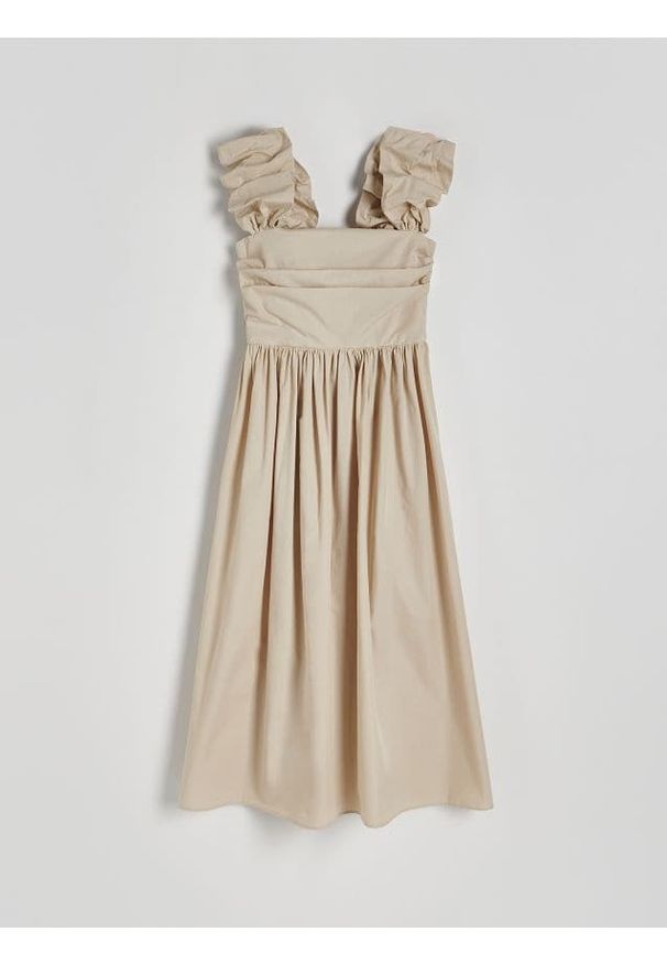 Reserved - Bawełniana sukienka midi z marszczeniami - beżowy. Kolor: beżowy. Materiał: bawełna. Długość: midi