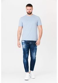 Guess - GUESS Błękitny t-shirt męski z wytłaczanym logo, Rozmiar XL. Kolor: niebieski. Wzór: aplikacja #4