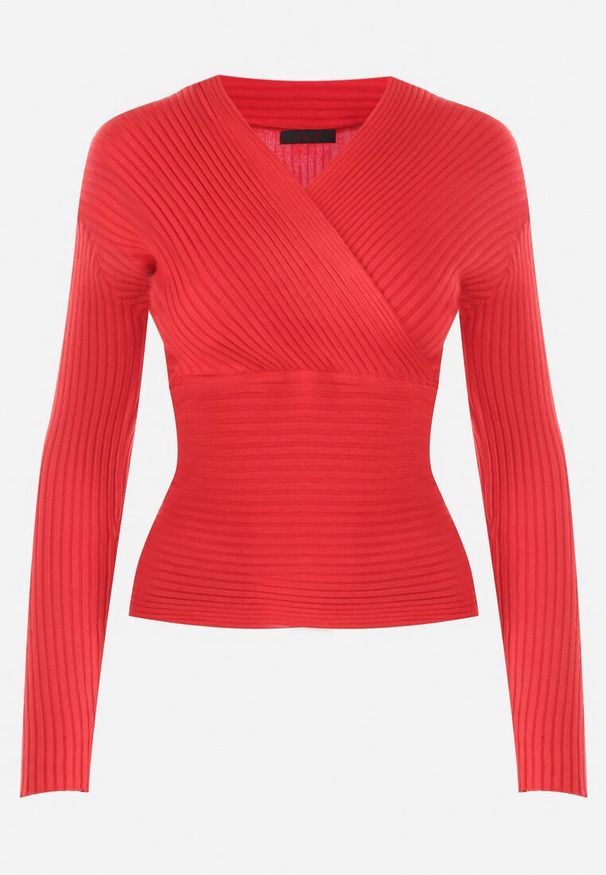 Born2be - Czerwony Sweter Kopertowy z Prążkowanej Dzianiny Zaki. Okazja: na co dzień. Kolor: czerwony. Materiał: dzianina, prążkowany. Długość rękawa: długi rękaw. Długość: długie. Styl: casual, rockowy, elegancki