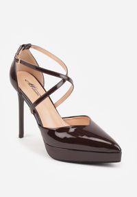 Renee - Brązowe Szpilki z Platformą i Przeplatanymi Paskami Ferinela. Zapięcie: pasek. Kolor: brązowy. Materiał: jeans. Obcas: na platformie. Styl: elegancki. Wysokość obcasa: średni #7