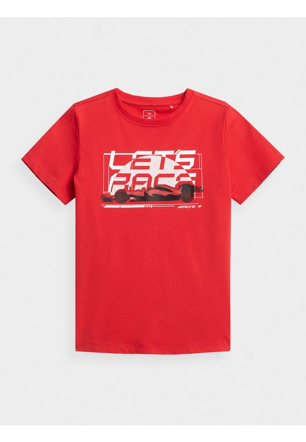 4f - T-shirt z nadrukiem chłopięcy. Kolor: czerwony. Materiał: bawełna, dzianina. Wzór: nadruk