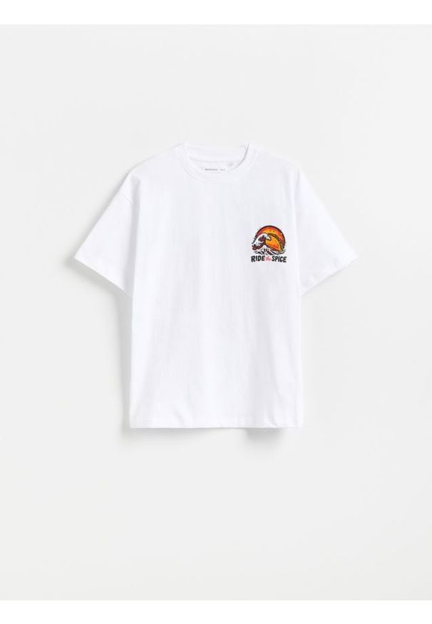 Reserved - Bawełniany t-shirt z nadrukiem - biały. Kolor: biały. Materiał: bawełna. Wzór: nadruk