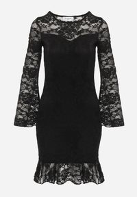 Born2be - Czarna Koronkowa Sukienka z Wiskozą Zdobiona Falbanami u Dołu i przy Rękawach Prisea. Okazja: na co dzień, na randkę, na wesele, na ślub cywilny. Typ kołnierza: kołnierz z falbankami. Kolor: czarny. Materiał: wiskoza, koronka. Wzór: aplikacja. Typ sukienki: proste. Styl: elegancki, casual #5