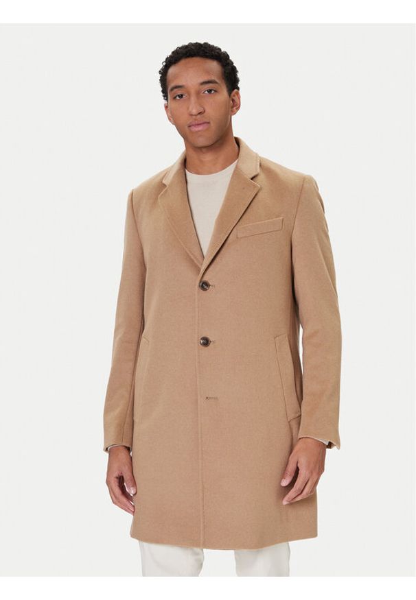 BOSS Płaszcz wełniany Hyde 50549187 Beżowy Slim Fit. Kolor: beżowy. Materiał: wełna