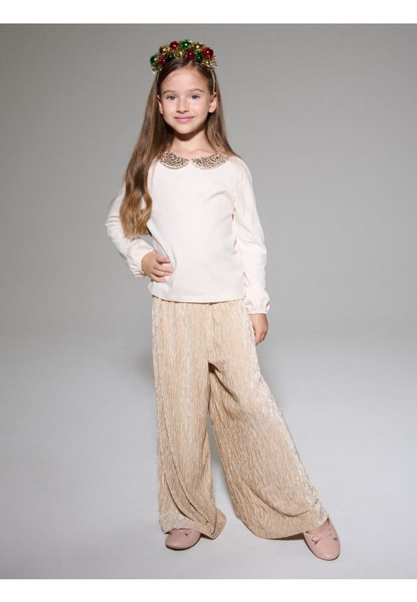 Sinsay - Bawełniana bluzka z połyskującymi cekinami - kremowy. Kolor: kremowy. Materiał: bawełna