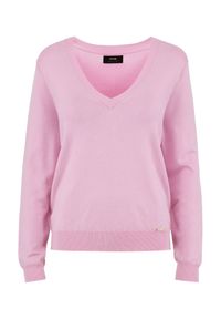 Ochnik - Różowy sweter z dekoltem V-neck. Typ kołnierza: dekolt w kształcie V. Kolor: różowy. Materiał: wiskoza. Długość: długie. Wzór: gładki