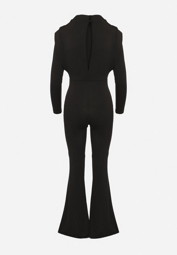 Born2be - Czarny Koktajlowy Kombinezon Ozdobiony Wycięciem na Plecach Sewiel. Kolor: czarny. Długość rękawa: długi rękaw. Długość: długie. Wzór: aplikacja. Styl: wizytowy