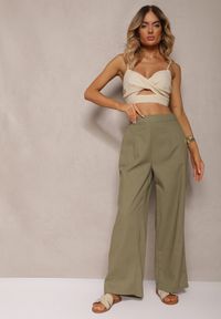 Renee - Zielone Szerokie Spodnie z Lnem z Gumką w Talii Airelttis. Kolor: zielony. Materiał: len. Sezon: lato. Styl: elegancki #7
