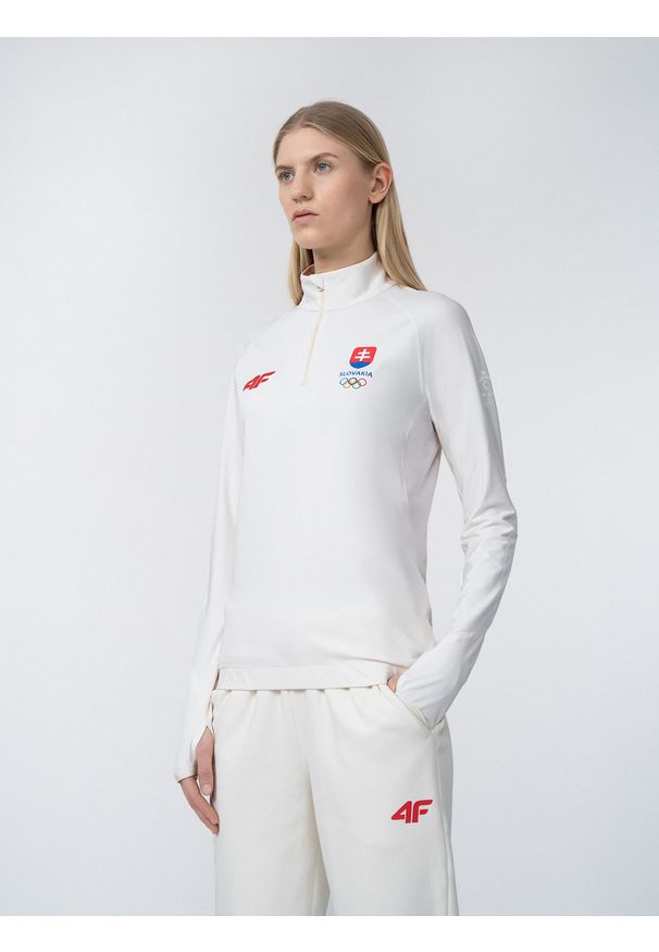 4f - Longsleeve treningowy szybkoschnący damski Słowacja - Pekin 2022. Kolor: beżowy. Materiał: dzianina, skóra. Długość rękawa: długi rękaw. Sezon: zima. Sport: fitness