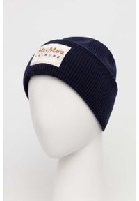 Max Mara Leisure czapka z domieszką wełny kolor granatowy z grubej dzianiny. Kolor: niebieski. Materiał: wełna, dzianina. Wzór: aplikacja #3