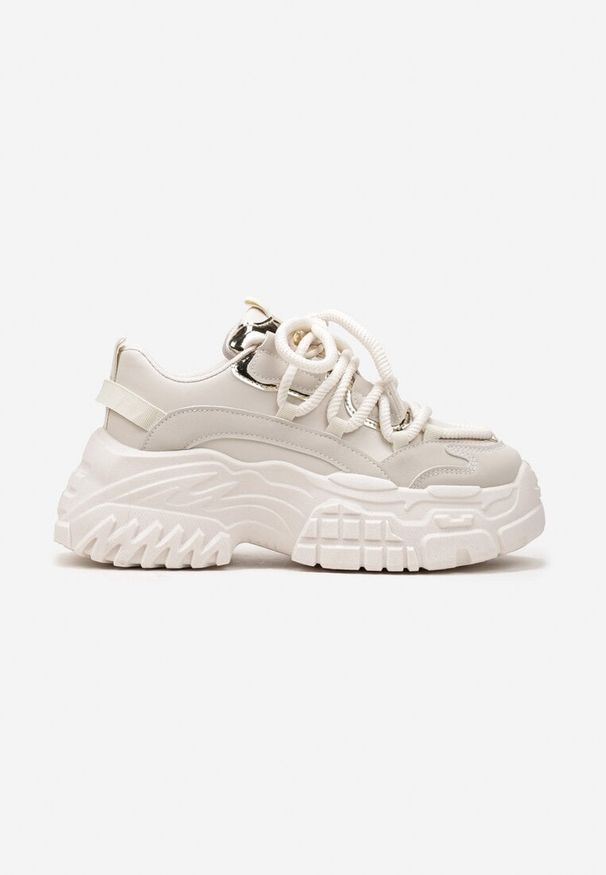 Renee - Ciemnobeżowe Sneakersy z Podwójnymi Sznurówkami i Tłoczoną Platformą Luppoa. Kolor: beżowy. Materiał: dzianina, jeans. Obcas: na platformie