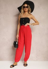 Renee - Czerwone Casualowe Spodnie High Waist Wykończone Gumką w Pasie Dimrue. Okazja: na co dzień. Stan: podwyższony. Kolor: czerwony. Styl: casual