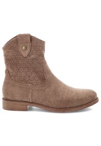 Brązowe Botki S.Barski Eleganckie Obuwie Damskie. Okazja: na co dzień. Kolor: brązowy. Materiał: jeans, materiał. Wzór: ażurowy, aplikacja. Obcas: na obcasie. Styl: elegancki. Wysokość obcasa: niski #4