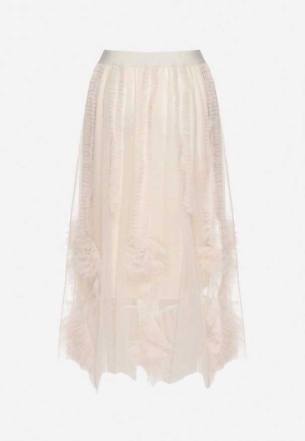 Born2be - Jasnobeżowa Rozkloszowana Spódnica z Wysokim Stanem z Gumką w Talii i Ozdobną Siateczką Vikkailla. Okazja: na co dzień. Stan: podwyższony. Kolor: beżowy. Styl: klasyczny, casual