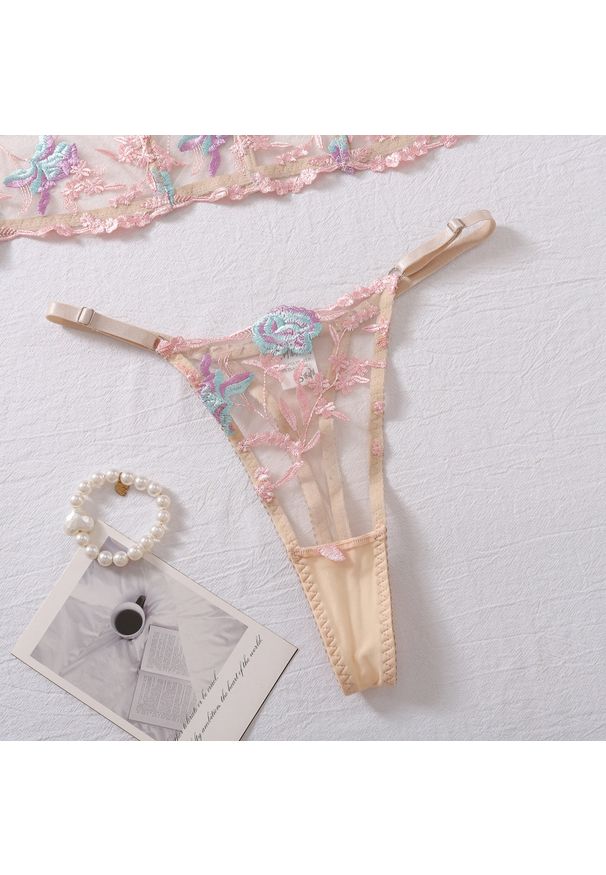 Intica - Komplet bielizny z gorsetowym biustonoszem i haftem na romantyczne wieczory Senija. Kolor: beżowy. Materiał: materiał. Wzór: haft