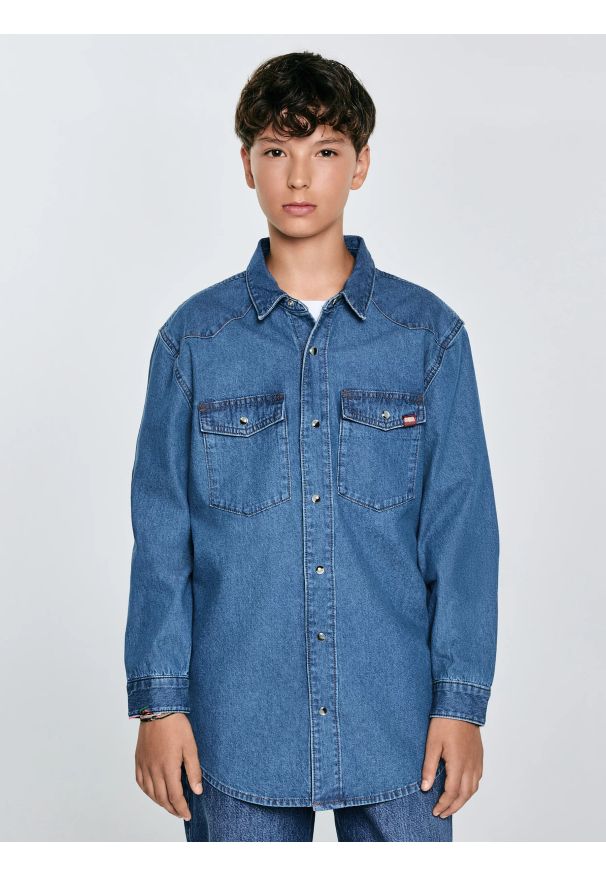 Big-Star - Koszula chłopięca jeansowa niebieska Western 121. Okazja: na co dzień. Kolor: niebieski. Materiał: jeans. Wzór: melanż. Styl: klasyczny, casual