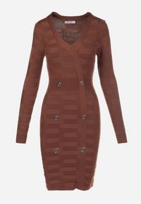 Born2be - Brązowa Sukienka Dzianinowa z Napami Sonis. Kolor: brązowy. Materiał: dzianina. Wzór: aplikacja. Typ sukienki: dopasowane. Długość: mini #5