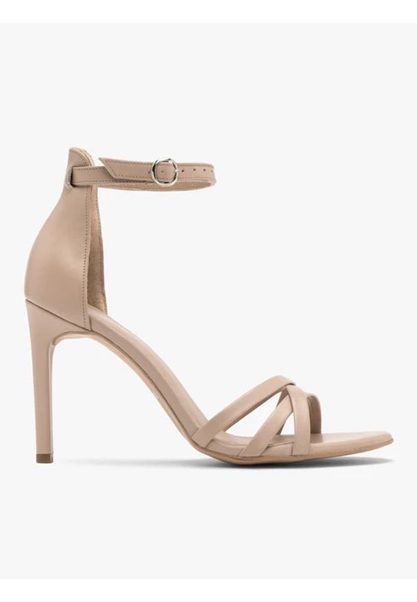 Ryłko - Beżowe sandały z ozdobnymi paseczkami. Kolor: beżowy. Materiał: skóra. Obcas: na obcasie. Styl: street. Wysokość obcasa: średni