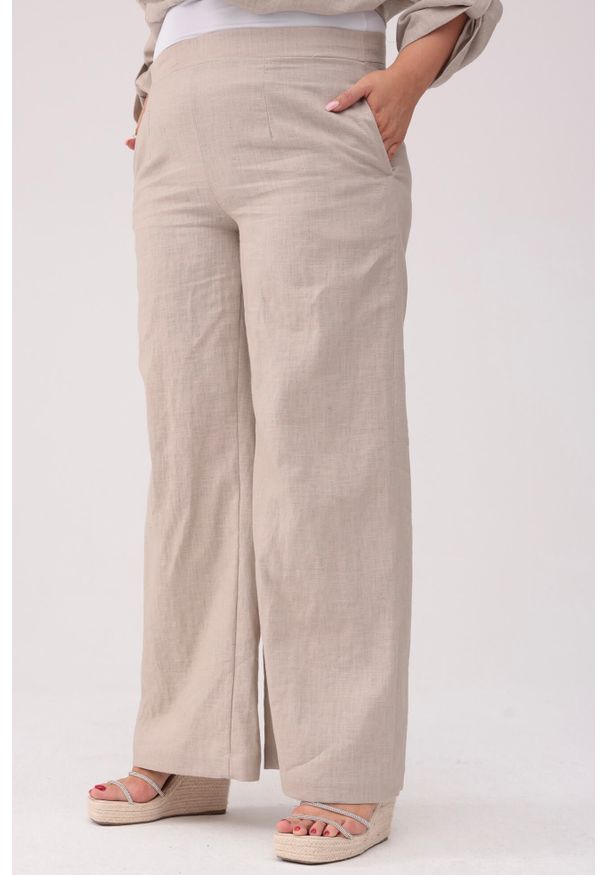 Moda Size Plus Iwanek - Spodnie z lnu w naturalnym kolorze z szerokimi nogawkami PLUS SIZE OVERSIZE XXL. Okazja: na co dzień. Kolekcja: plus size. Materiał: len. Długość: krótkie. Sezon: lato. Styl: casual, elegancki