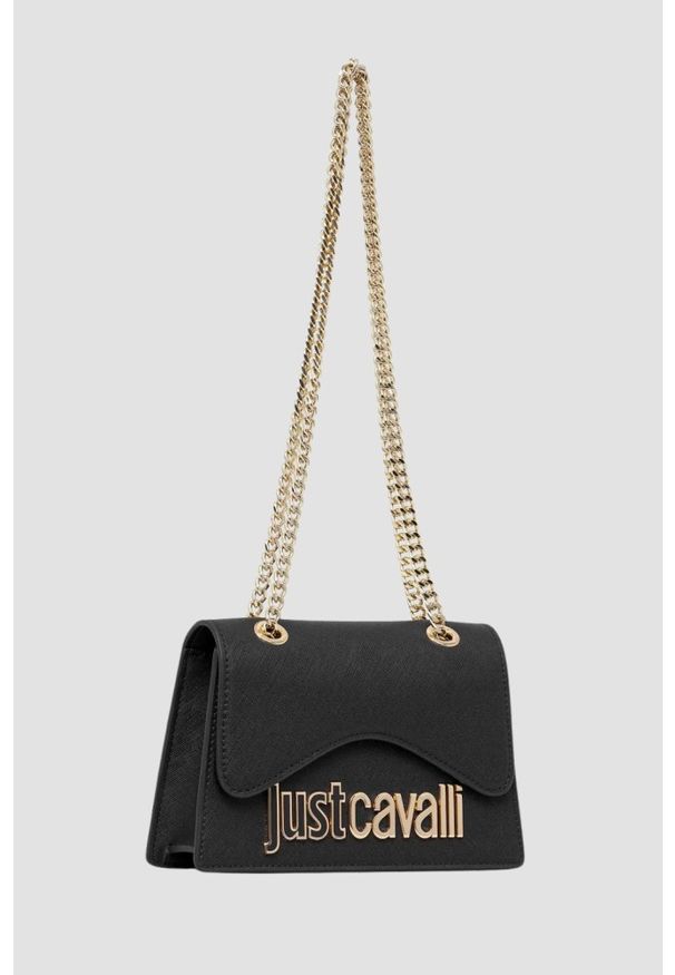 Just Cavalli - JUST CAVALLI Czarna mini torebka damska Metal Lettering Style 7. Kolor: czarny. Materiał: skórzane. Styl: elegancki, casual