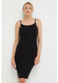 Karl Lagerfeld sukienka damska kolor czarny. Kolor: czarny. Materiał: dzianina. Długość rękawa: na ramiączkach. Typ sukienki: dopasowane