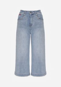 Renee - Niebieskie Szerokie Jeansy Culottes z Bawełną High Waist Ozdobione Perełkami Hesaris. Okazja: na co dzień. Stan: podwyższony. Kolor: niebieski. Wzór: aplikacja. Styl: casual #7