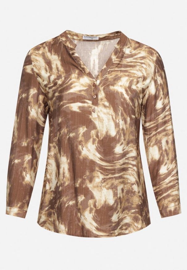 Born2be - Brązowa Koszula z Wiskozą w Abstrakcyjny Print z Podpinanymi Rękawami Asapis. Okazja: na co dzień. Typ kołnierza: dekolt w serek. Kolekcja: plus size. Kolor: brązowy. Materiał: wiskoza. Wzór: nadruk. Styl: casual, elegancki
