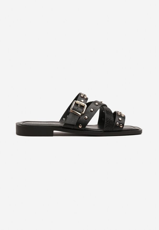 Renee - Czarne Klapki z Nitami i Klamrą Ronaliae. Okazja: na co dzień. Kolor: czarny. Wzór: aplikacja. Sezon: lato. Styl: elegancki, casual