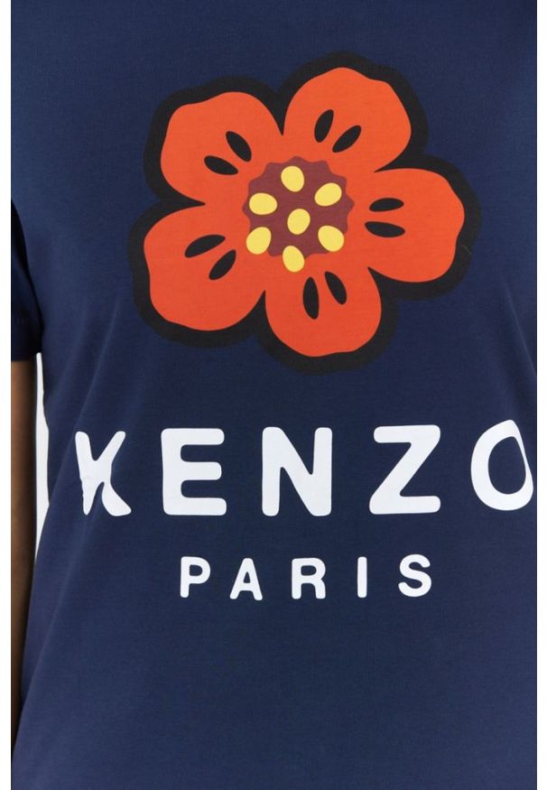Kenzo - KENZO Granatowy t-shirt damski z czerwonym kwiatem. Kolor: niebieski. Wzór: kwiaty