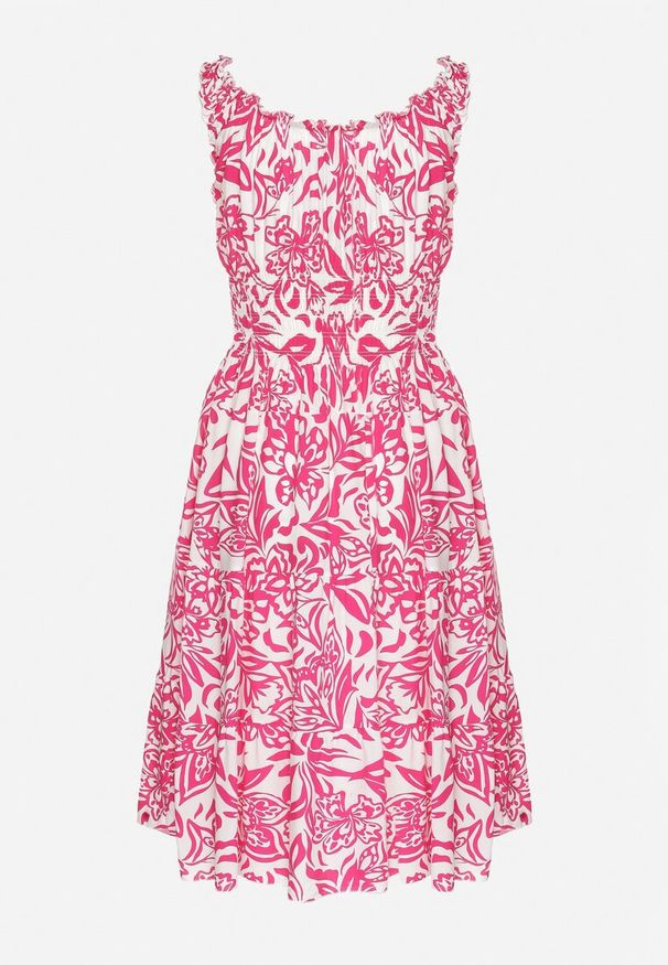 Born2be - Ciemnoróżowa Bawełniana Sukienka Rozkloszowana Ozdobiona Guzikami Lisavena. Okazja: na co dzień. Kolor: różowy. Materiał: bawełna. Wzór: aplikacja. Typ sukienki: rozkloszowane. Styl: casual, elegancki