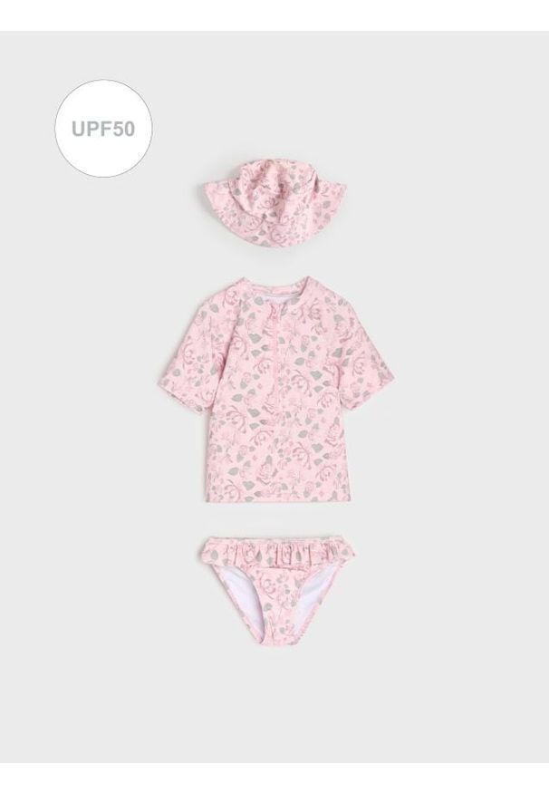 Sinsay - Niemowlęcy Zestaw Kąpielowy UPF50 z Czapeczką w kwiaty - kremowy. Kolor: kremowy. Wzór: kwiaty
