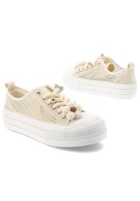 Sneakersy damskie Filippo, cholewka z materiału tekstylnego siateczkowego wiązanie z przodu ozdobne grube sznurówki, beżowy, DTN7855/26. Okazja: na co dzień. Zapięcie: sznurówki. Kolor: beżowy. Materiał: materiał. Szerokość cholewki: normalna. Wzór: ażurowy, kwiaty. Styl: casual, klasyczny #8