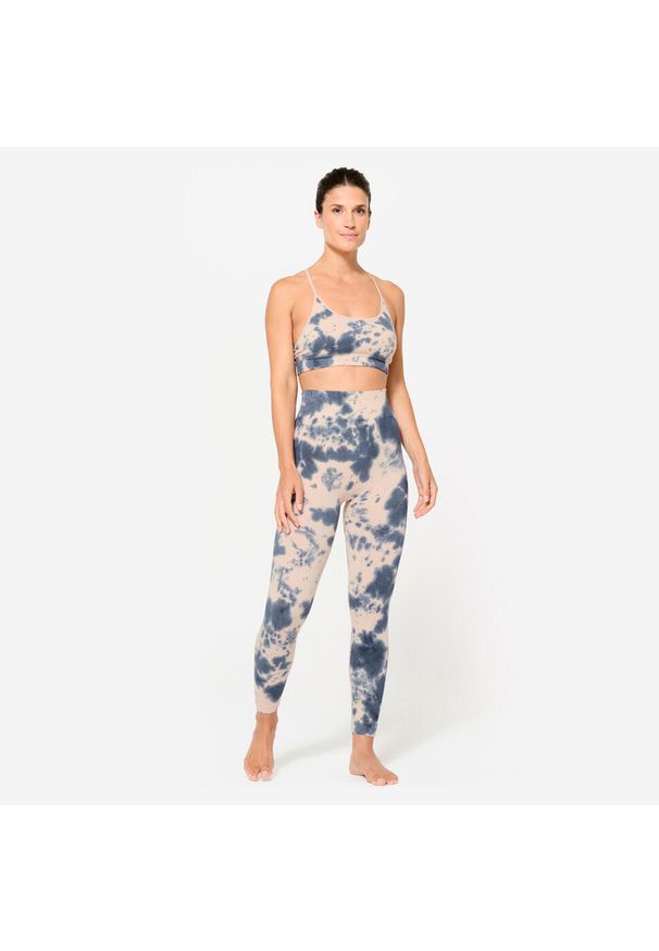 DOMYOS - Legginsy fitness damskie Domyos. Kolor: wielokolorowy, beżowy, niebieski. Materiał: bawełna, materiał, poliester, elastan. Sport: fitness