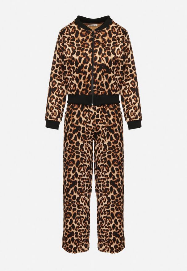 Born2be - Brązowy Komplet Dresowy w Panterkę Bluza ze Ściągaczami i Szerokie Spodnie Sonaniela. Kolor: brązowy. Materiał: dresówka. Wzór: motyw zwierzęcy