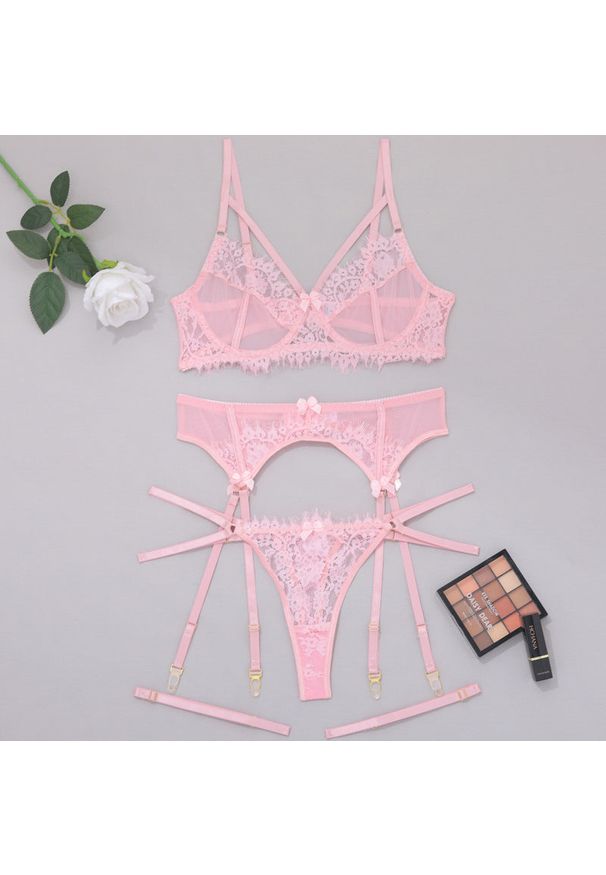 Intica - Koronkowy zestaw bielizny z pasem do pończoch na romantyczne okazje Elie. Kolor: różowy. Materiał: koronka. Wzór: koronka