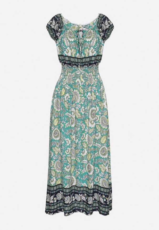 Born2be - Zielona Wzorzysta Sukienka Bawełniana o Rozkloszowanym Kroju z Marszczeniem w Talii Vialor. Okazja: na co dzień. Kolor: zielony. Materiał: bawełna. Długość rękawa: krótki rękaw. Wzór: aplikacja, kwiaty. Styl: casual, elegancki