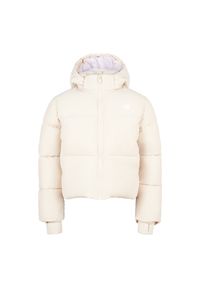 Kurtka dziecięca New Balance LAKG0230BIS – beżowa. Typ kołnierza: kaptur. Kolor: beżowy. Materiał: bawełna, poliester, puch, syntetyk. Wzór: aplikacja. Styl: młodzieżowy #1