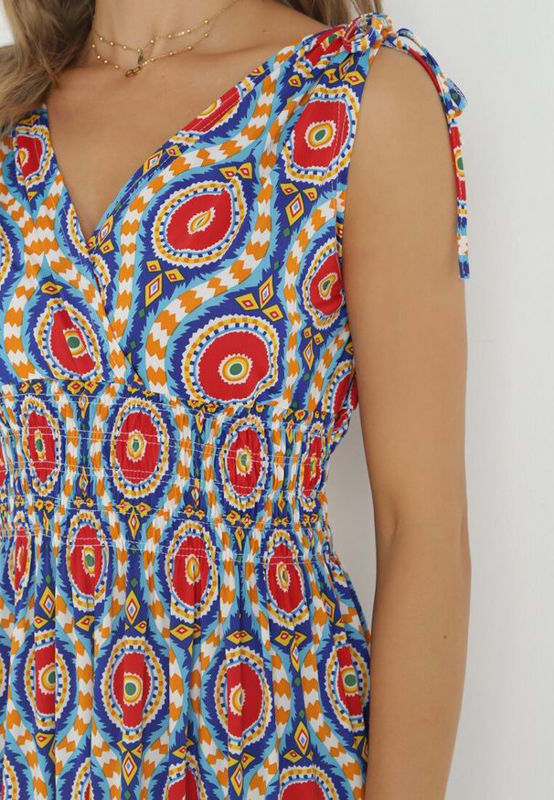 Born2be - Niebiesko-Czerwona Rozkloszowana Sukienka Maxi z Gumką w Pasie Branna. Kolor: niebieski. Długość: maxi