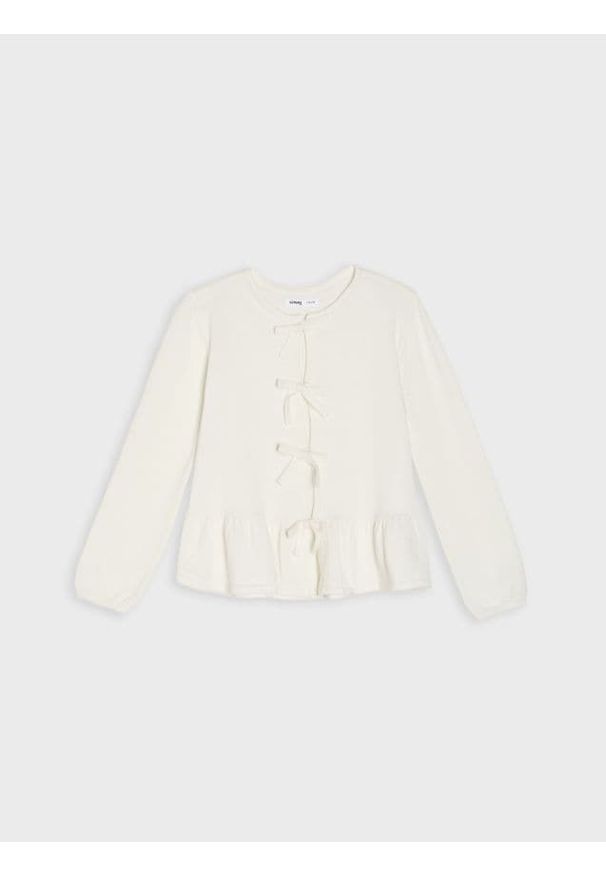 Sinsay - Bawełniany sweter kardigan z ozdobnymi kokardami - kremowy. Typ kołnierza: kokarda. Kolor: kremowy. Materiał: bawełna