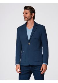 Ombre Clothing - Marynarka męska SLIM z dzianiny o subtelnej strukturze – ciemnoniebieska V6 - Rozmiar: XXL. Okazja: do pracy. Kolor: niebieski. Materiał: dzianina. Wzór: kolorowy. Styl: klasyczny