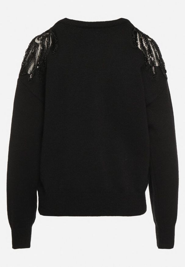 Born2be - Czarny Sweter z Siateczkowymi Wstawkami z Cekinami Perełkami i Koralikami Evoriana. Okazja: na co dzień. Kolor: czarny. Materiał: jeans. Styl: elegancki, glamour, casual