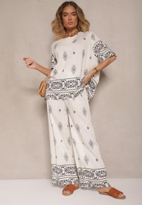 Renee - Beżowo-Szary Komplet w Stylu Boho Bluzka z Krótkim Rękawem i Luźne Spodnie Divorine. Kolor: beżowy. Materiał: materiał #3