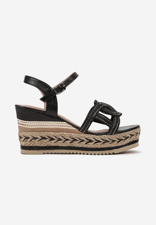 Renee - Czarne Sandały Boho na Plecionym Koturnie z Platformą Bovina. Kolor: czarny. Materiał: jeans. Wzór: aplikacja, ażurowy. Obcas: na koturnie. Styl: boho