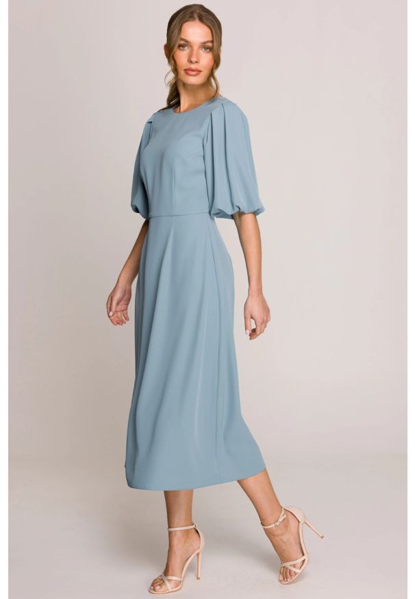 Stylove - Elegancka sukienka koktajlowa z bufiastymi rękawami błękitna. Kolor: różowy, niebieski. Styl: elegancki, wizytowy