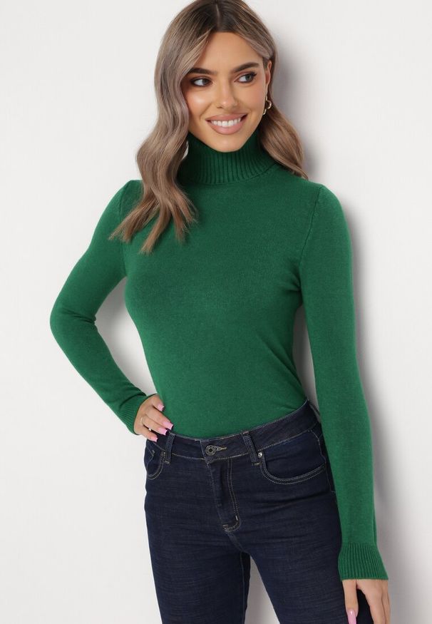 Born2be - Ciemnozielony Golf z Długim Rękawem Adegera. Typ kołnierza: golf. Kolor: zielony. Materiał: dzianina. Długość rękawa: długi rękaw. Długość: długie. Wzór: jednolity, gładki. Styl: klasyczny