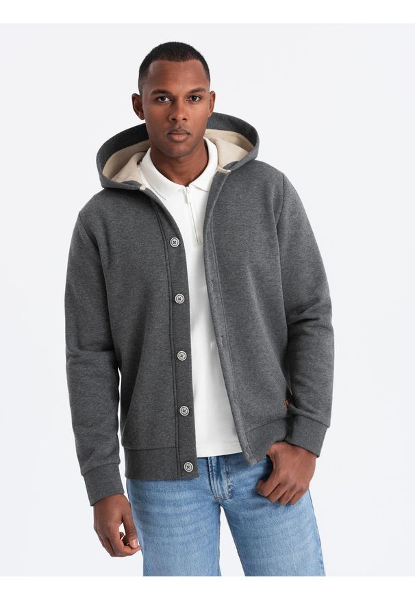 Ombre Clothing - Męska bluza dresowa z kapturem zapinana na guziki – grafitowy melanż V4 - Rozmiar: L. Typ kołnierza: kaptur. Kolor: szary. Materiał: dresówka. Wzór: melanż. Styl: elegancki