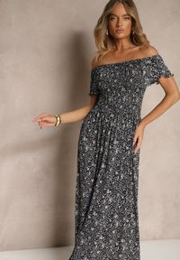 Renee - Granatowa Kwiatowa Sukienka z Bufiastymi Rękawami Lumorelle. Okazja: na co dzień. Kolor: niebieski. Wzór: kwiaty. Styl: klasyczny, elegancki, casual