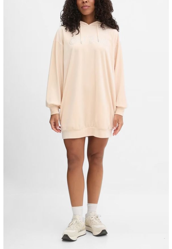 Guess - GUESS Beżowa damska długa welurowa bluza Couture. Kolor: beżowy. Materiał: welur. Długość: długie