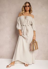 Renee - Jasnobeżowa Bawełniana Sukienka z Muślinu Wiązana przy Dekolcie z Paskiem i Gumką w Talii Tasda. Okazja: na co dzień. Typ kołnierza: dekolt hiszpanka. Kolor: beżowy. Materiał: bawełna. Typ sukienki: proste. Styl: casual #1