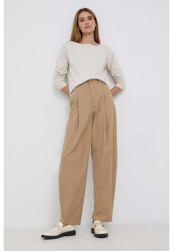 Drykorn Spodnie Accept damskie kolor brązowy szerokie high waist. Stan: podwyższony. Kolor: brązowy. Materiał: tkanina, bawełna